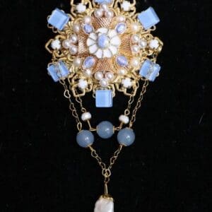 5322 Re-purposed Authentic Chanel Button Massive Gold Blue Genuine Biwa PearlBrooch
