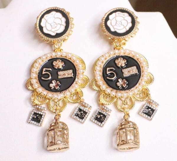 5352 Madam Coco Number 5 charms Camellia Top Earrings - Image 3