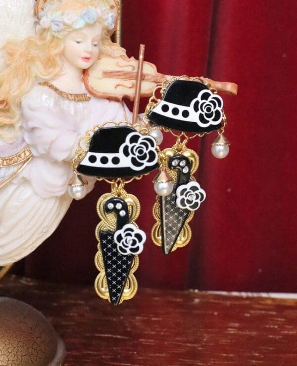 5357 Madam Coco Umbrella Hat Elegant Studs Earrings