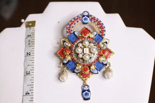 SOLD! 5375 Madam Coco Russian Doll Matryoshka Pearl Huge Brooch - Image 4