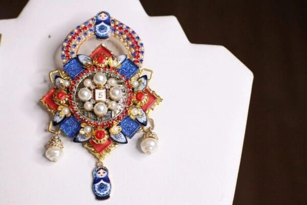 SOLD! 5375 Madam Coco Russian Doll Matryoshka Pearl Huge Brooch - Image 5