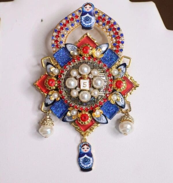 SOLD! 5375 Madam Coco Russian Doll Matryoshka Pearl Huge Brooch - Image 6