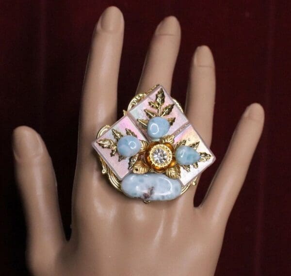 5455 Iridescent Massive Genuine Caribbean Larimar Cocktail Adjustable Ring - Image 4