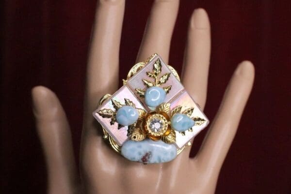 5455 Iridescent Massive Genuine Caribbean Larimar Cocktail Adjustable Ring - Image 5