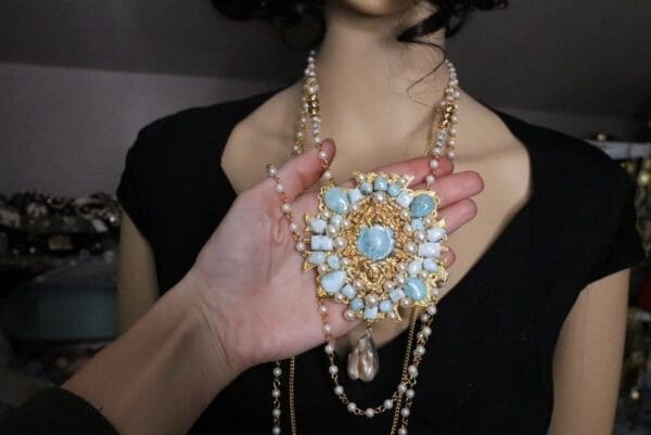 SOLD! 5509 Genuine Caribbean Larimar Victorian Pearl Huge Pendant Necklace - Image 3