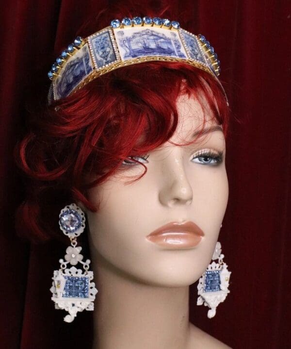 A mannequin wearing a blue and white tiara.