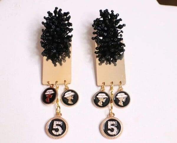 5546 Elegant Number 5 Charms Black Beaded Gold Mirror Earrings - Image 2