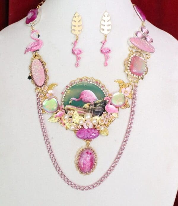SOLD! 5839 Set Of Hand Painted On Agate Florida Flamingo Genuine Fire Opal Solar Quartz Gemstones Necklace+ Earrings - Image 2
