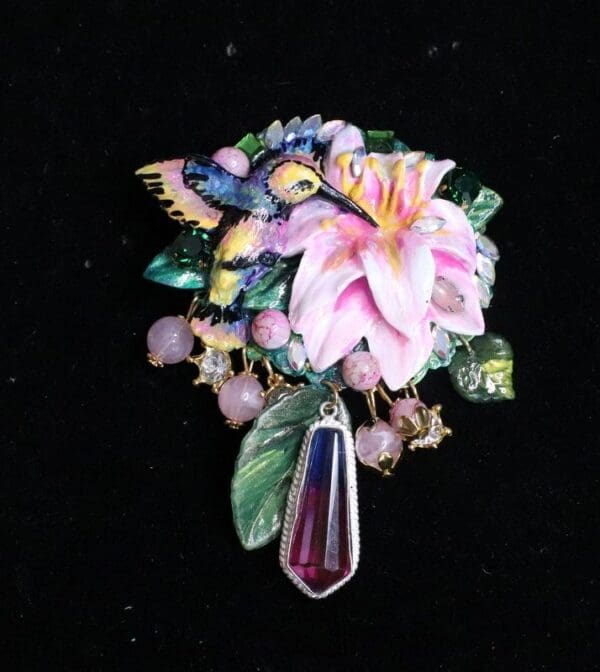 SOLD! 5925 Art Jewelry Genuine Tourmaline Chalcedony Gemstones Hand Painted 3D Effect Vivid Hummingbrid Brooch