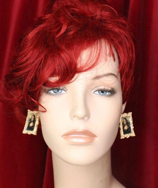A mannequin with red hair and blue eyes.