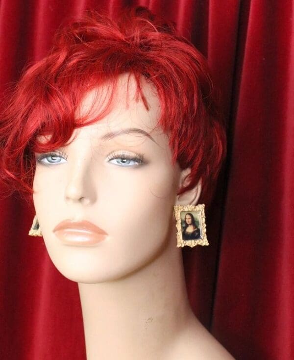 A mannequin with red hair and blue eyes.