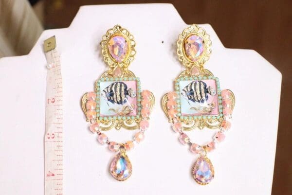 5953 Baroque Cameo Fish Nautical Crystal Massive Earrings - Image 2
