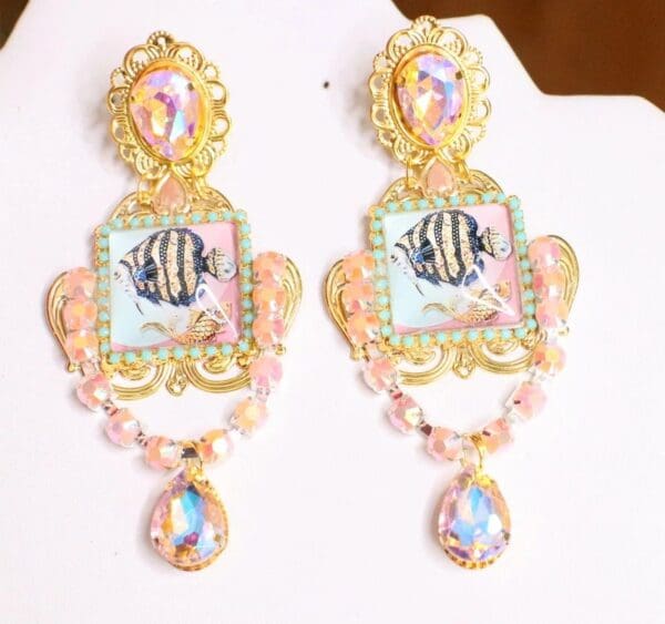5953 Baroque Cameo Fish Nautical Crystal Massive Earrings - Image 3