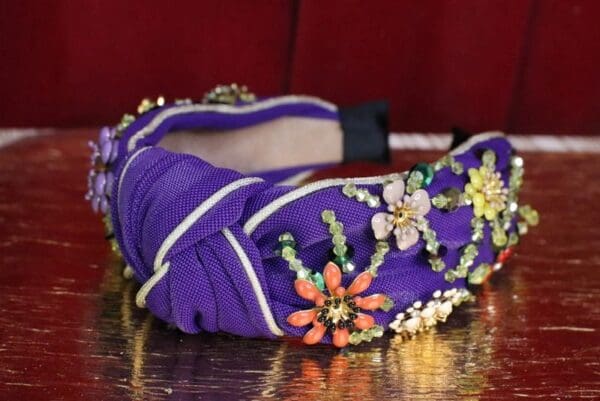 6047 Baroque Flower Beaded Knot Purple Elegant Headband - Image 6