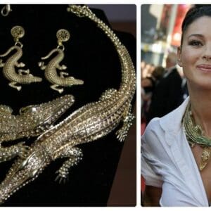A woman wearing jewelry and a necklace with an alligator design.