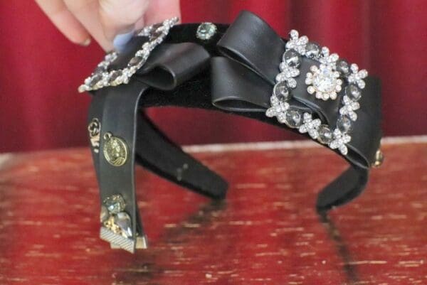6198 Baroque Runway Leather Bow Crystal Headband - Image 8