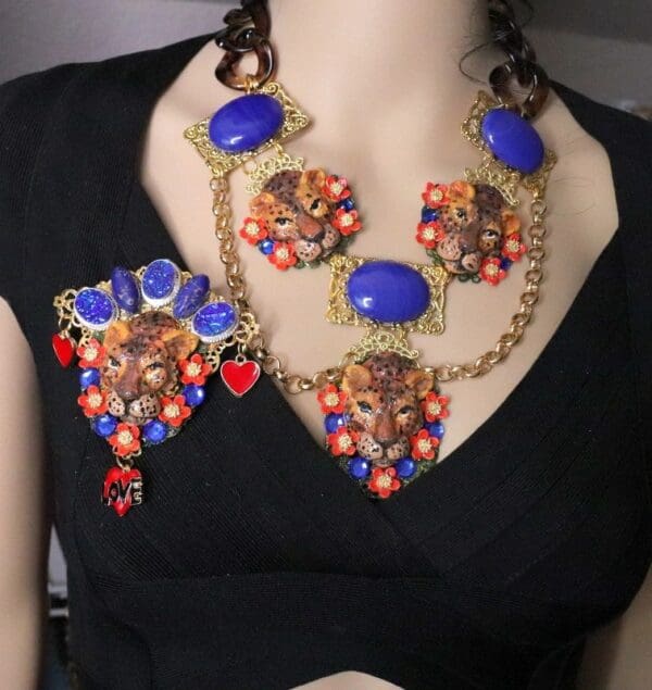 SOLD! 6406 Baroque Art Jewelry Hand Painted Leopard Genuine Turquoise Opal Huge Brooch - Image 2