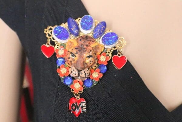 SOLD! 6406 Baroque Art Jewelry Hand Painted Leopard Genuine Turquoise Opal Huge Brooch - Image 5