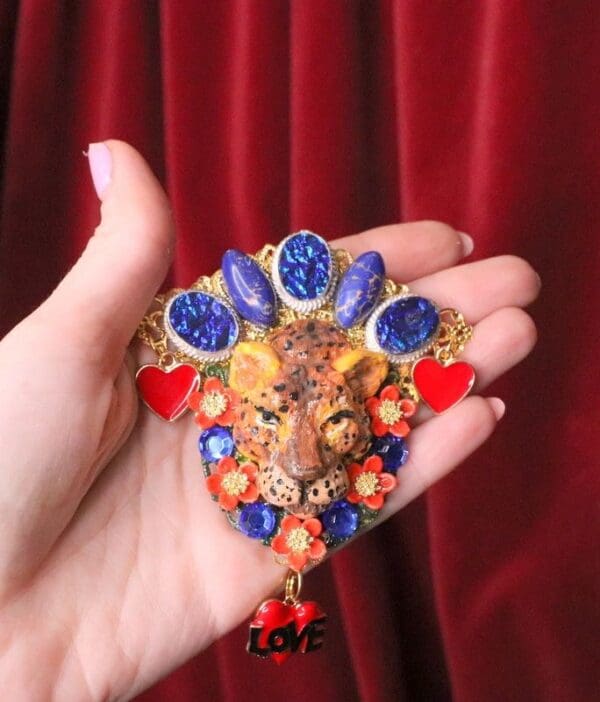 SOLD! 6406 Baroque Art Jewelry Hand Painted Leopard Genuine Turquoise Opal Huge Brooch - Image 6