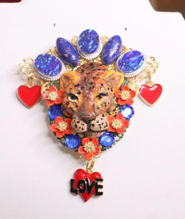 SOLD! 6406 Baroque Art Jewelry Hand Painted Leopard Genuine Turquoise Opal Huge Brooch - Image 8