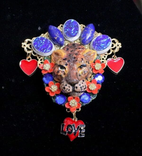 SOLD! 6406 Baroque Art Jewelry Hand Painted Leopard Genuine Turquoise Opal Huge Brooch