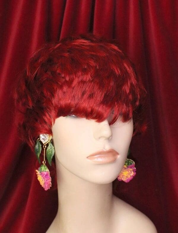 A red wig with flowers on it