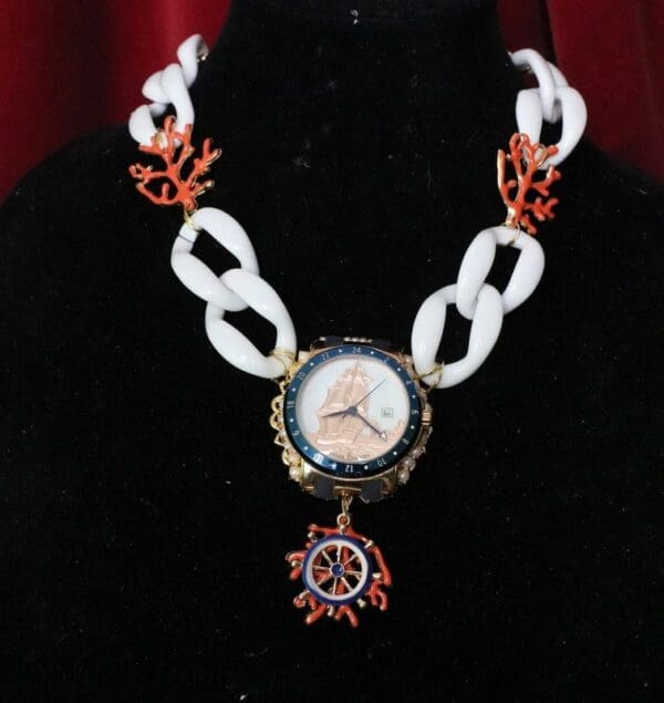 A necklace with a clock on it