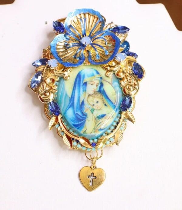 6603 Virgin Mary Painting On Genuine Agate Massive Brooch - Image 6