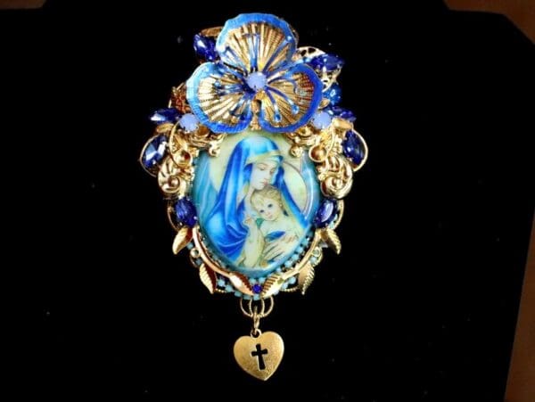 6603 Virgin Mary Painting On Genuine Agate Massive Brooch - Image 7