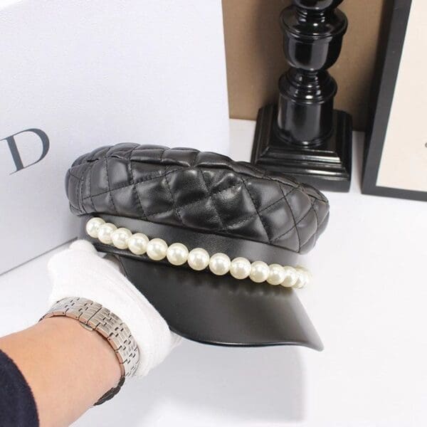 6623 Runway 2019 PU Faux Leather Pearl Visor Buttons Black - Image 4