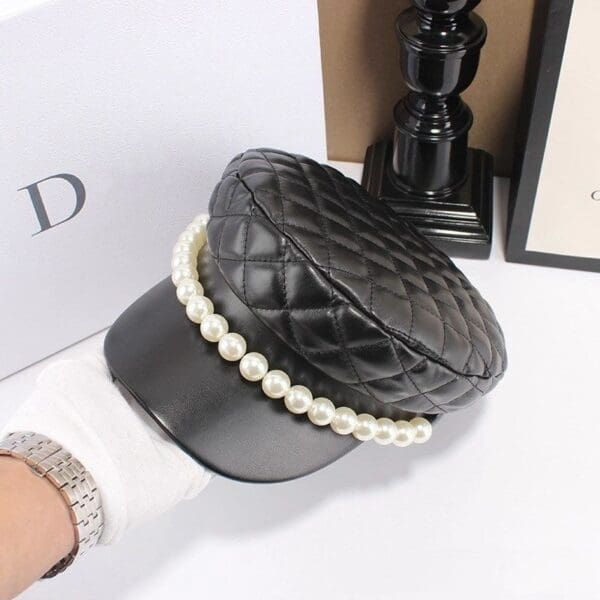 6623 Runway 2019 PU Faux Leather Pearl Visor Buttons Black - Image 5