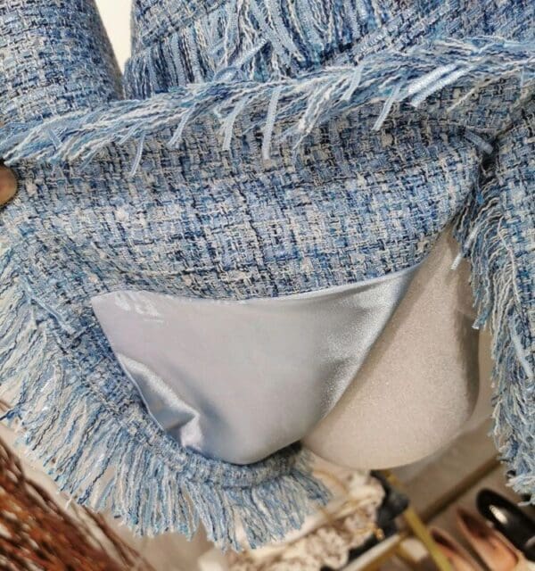 6696 Runway 2020 Tweed Coco Blue Gold Thread Buttons Fringe Long Blazer - Image 3