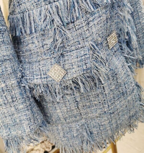 6696 Runway 2020 Tweed Coco Blue Gold Thread Buttons Fringe Long Blazer - Image 4