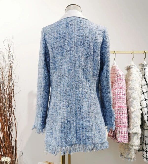 6696 Runway 2020 Tweed Coco Blue Gold Thread Buttons Fringe Long Blazer - Image 2