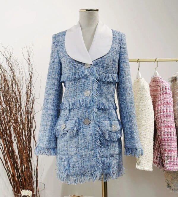 6696 Runway 2020 Tweed Coco Blue Gold Thread Buttons Fringe Long Blazer