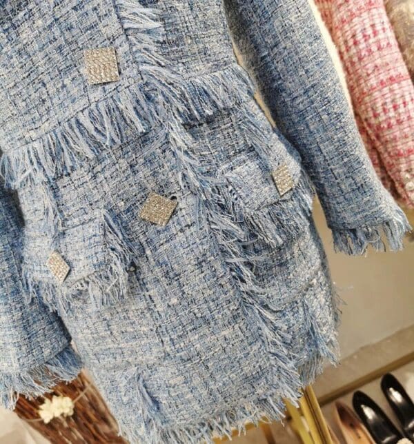 6696 Runway 2020 Tweed Coco Blue Gold Thread Buttons Fringe Long Blazer - Image 6