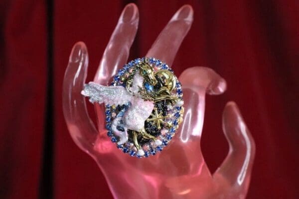SOLD! 6841 Genuine Huge Agate Pegasus Cocktail Adjustable Ring - Image 4