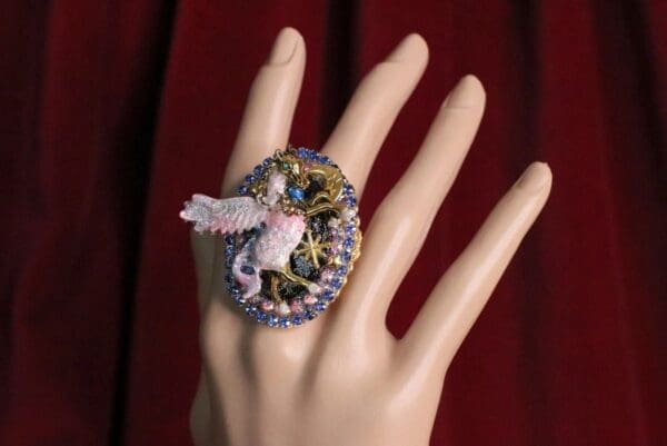 SOLD! 6841 Genuine Huge Agate Pegasus Cocktail Adjustable Ring - Image 6