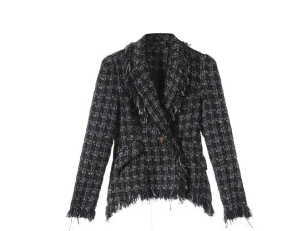 6843 Runway 2020 Check Grey Black Fringe Tweed Double Breasted Blazer - Image 2