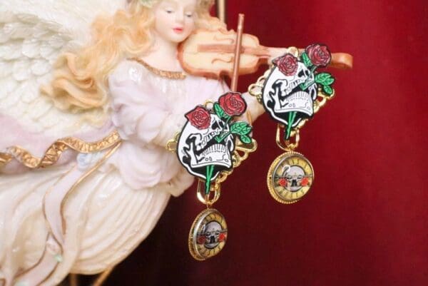 6856 Baroque Enamel Scull Gun n Roses Studs Earrings - Image 2