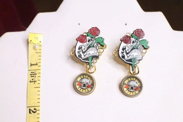 6856 Baroque Enamel Scull Gun n Roses Studs Earrings - Image 3
