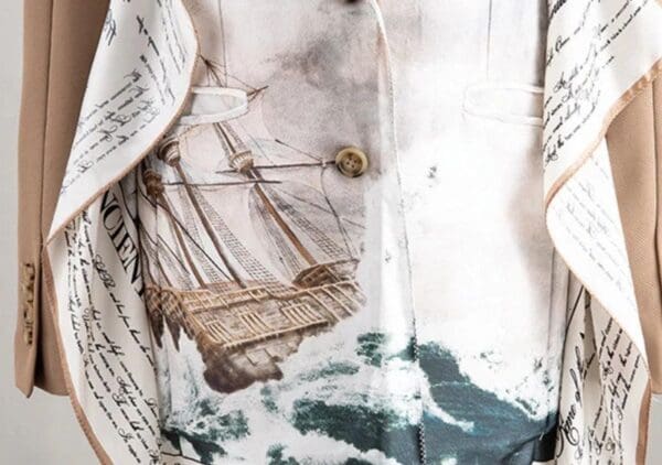 6908 High-End Runway 2020 Nautical Scarf Asymmetrical Camel Blazer - Image 6