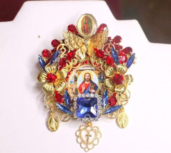 7234 Jesus Church Red Rhinestones Butterfly Cameo Massive Brooch - Image 10