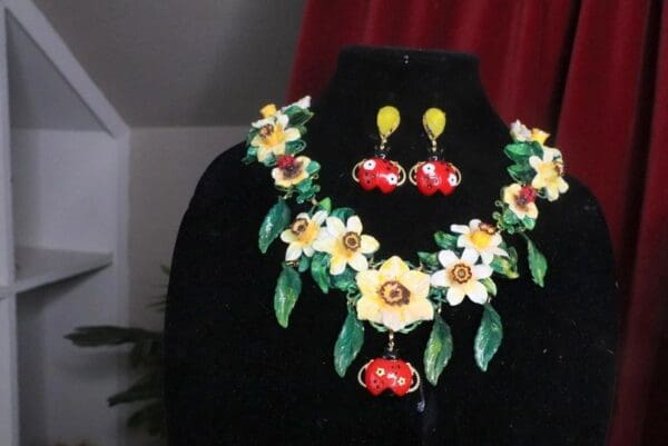 A black velvet display with a necklace and earrings.