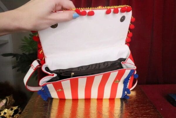 A person is holding onto the inside of a purse.