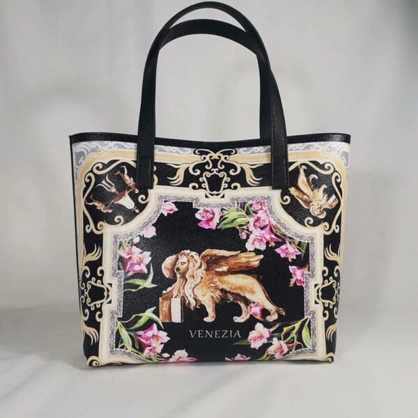 A black and white bag with a dog on it