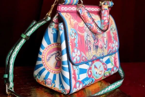 A close up of the bag on display