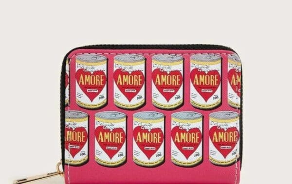A pink wallet with many cans of beer on it