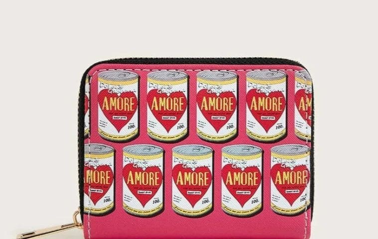 A pink wallet with many cans of beer on it