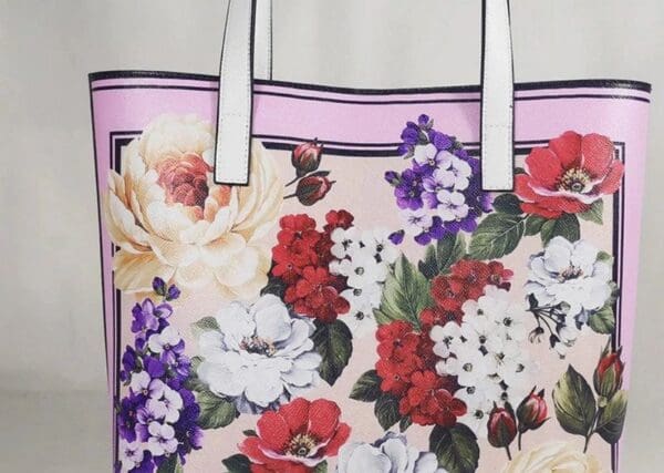 A close up of the floral print on a bag